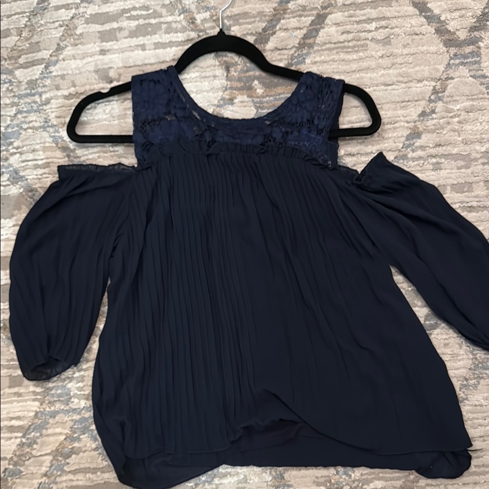 Blue Pleated 3/4 Sleeve Cut Out Blouse